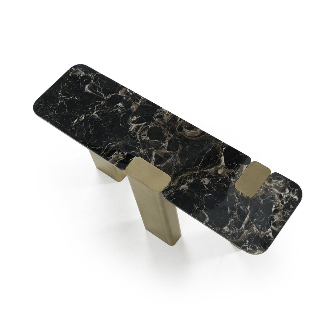 Quest - Modern Black Rose Marble  Antique Brass Console Table