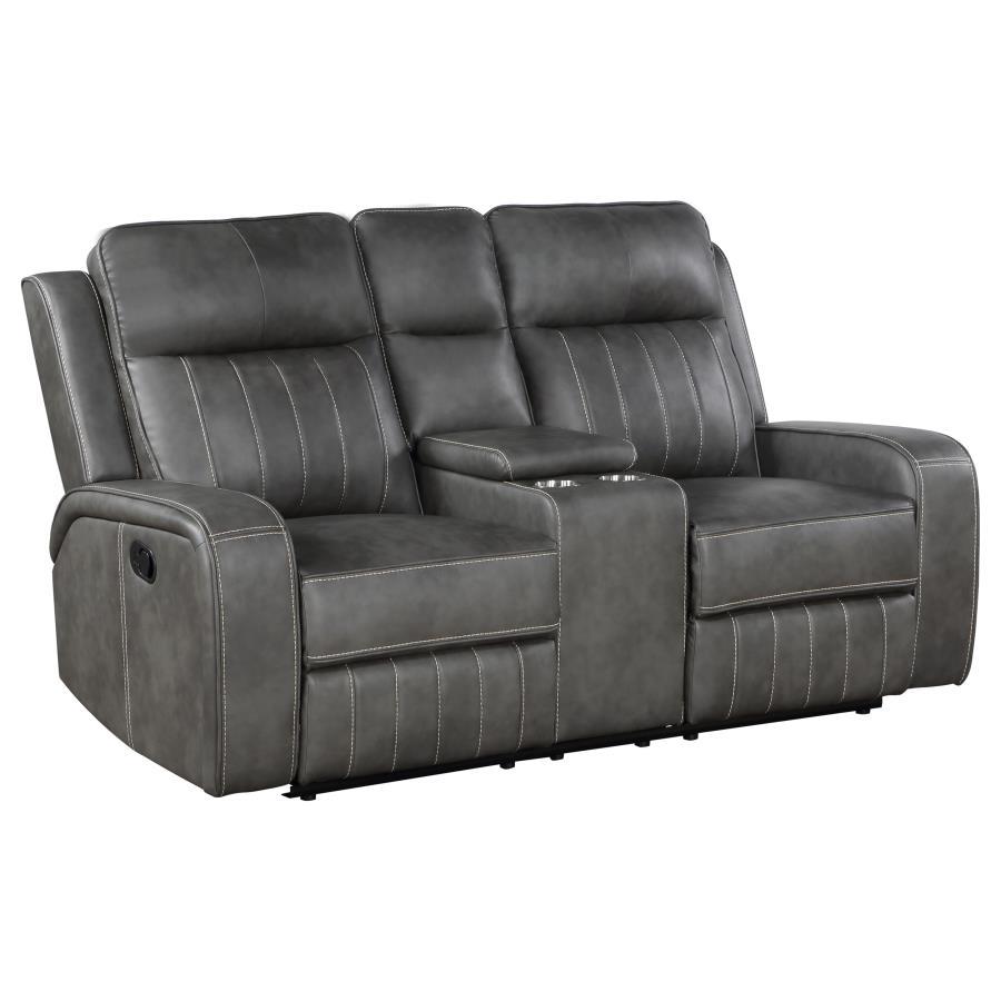 Raelynn - Upholstered Track Arm Motion Loveseat - Gray Reclining Loveseat modern furniture Contempo Furniture