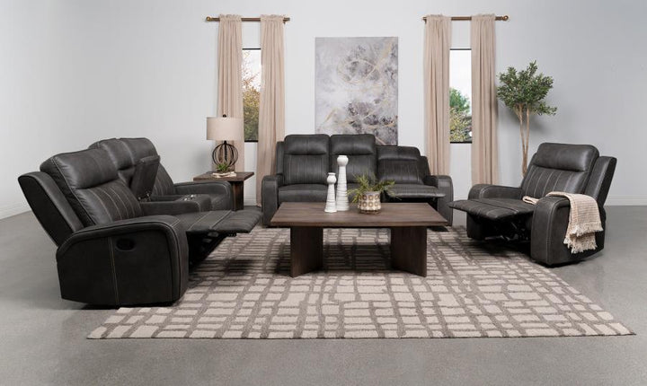 Raelynn - Upholstered Track Arm Motion Loveseat - Gray Reclining Loveseat modern furniture Contempo Furniture