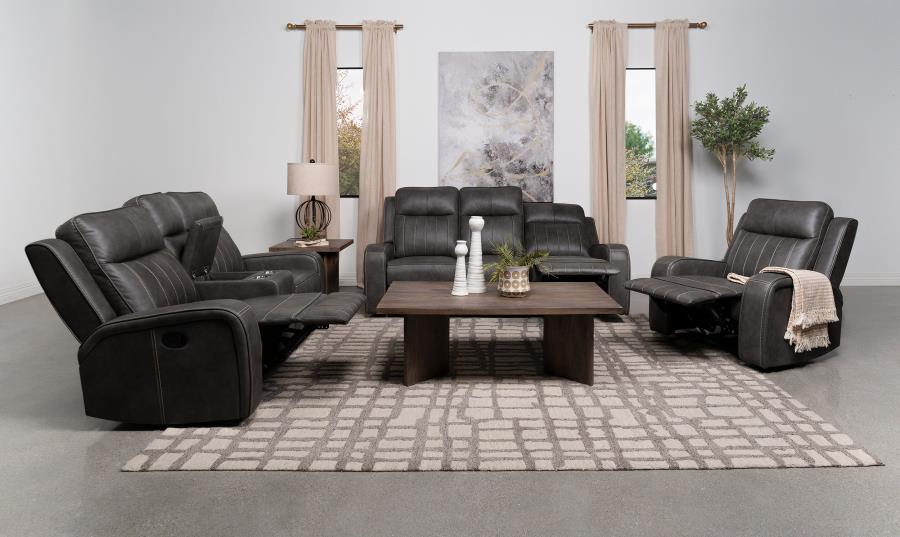 Raelynn - Upholstered Track Arm Motion Loveseat - Gray Reclining Loveseat modern furniture Contempo Furniture