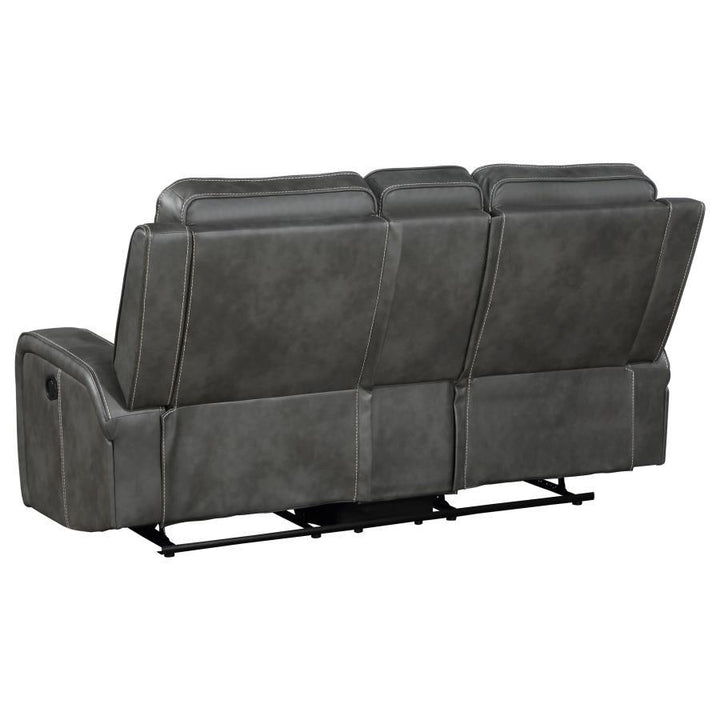 Raelynn - Upholstered Track Arm Motion Loveseat - Gray Reclining Loveseat modern furniture Contempo Furniture