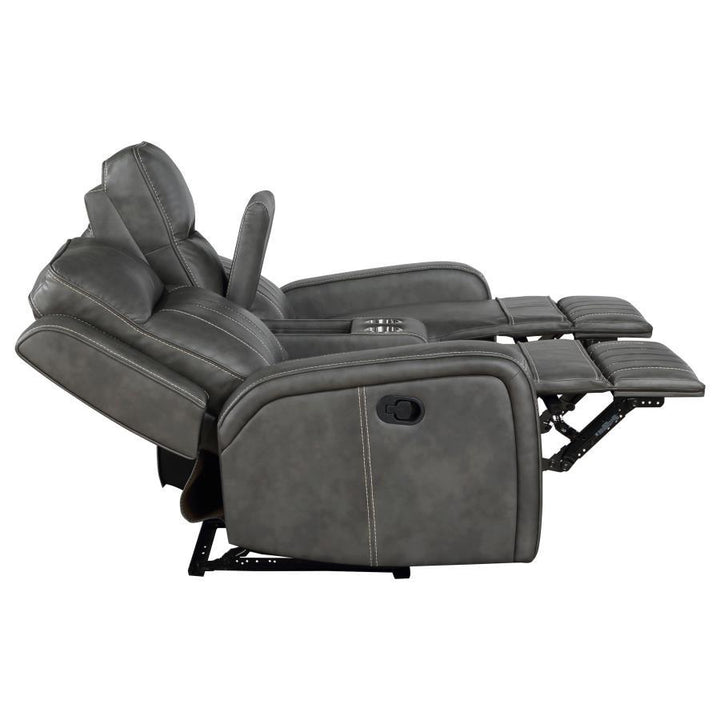 Raelynn - Upholstered Track Arm Motion Loveseat - Gray Reclining Loveseat modern furniture Contempo Furniture