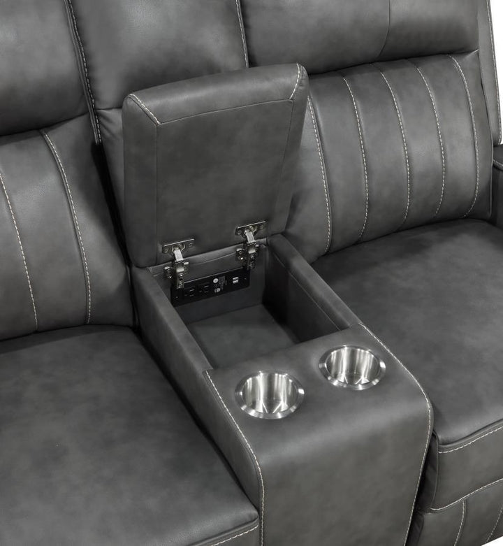 Raelynn - Upholstered Track Arm Motion Loveseat - Gray Reclining Loveseat modern furniture Contempo Furniture