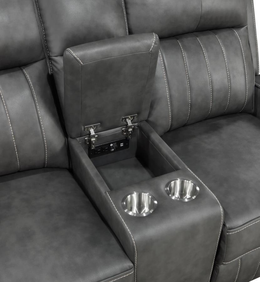 Raelynn - Upholstered Track Arm Motion Loveseat - Gray Reclining Loveseat modern furniture Contempo Furniture