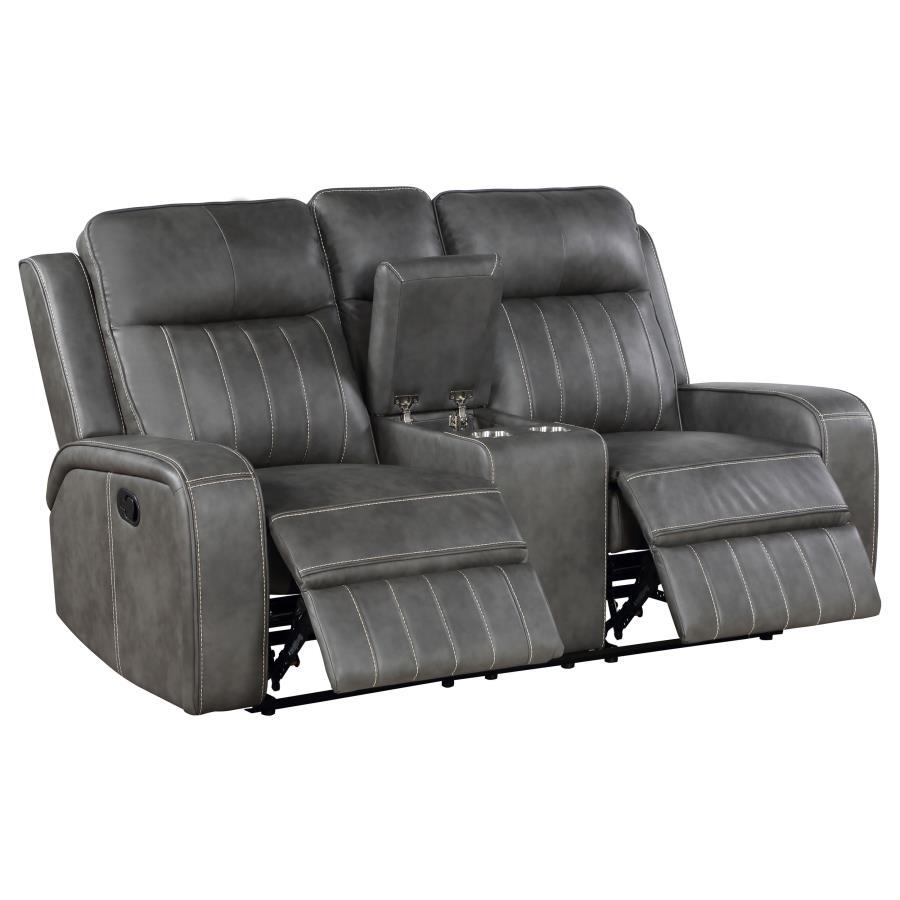 Raelynn - Upholstered Track Arm Motion Loveseat - Gray Reclining Loveseat modern furniture Contempo Furniture