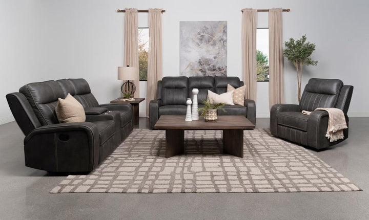 Raelynn - Upholstered Track Arm Motion Loveseat - Gray Reclining Loveseat modern furniture Contempo Furniture