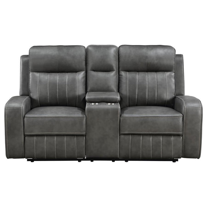 Raelynn - Upholstered Track Arm Motion Loveseat - Gray Reclining Loveseat modern furniture Contempo Furniture