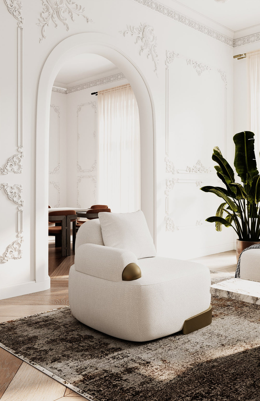 Rainier - Contemporary Off-White Fabric + Antique Brass Accent Chair