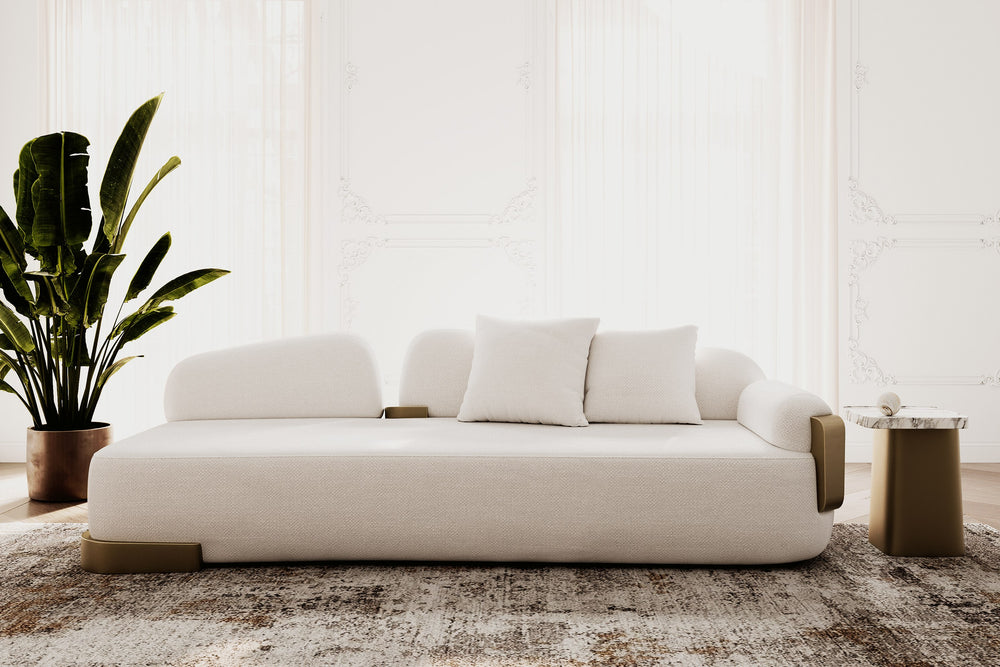 Rainier - Contemporary Off-White Fabric + Antique Brass Sofa - View 3
