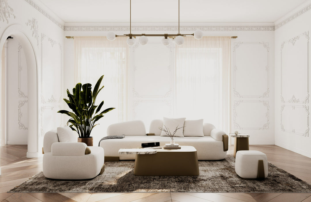 Rainier - Contemporary Off-White Fabric  Antique Brass Ottoman