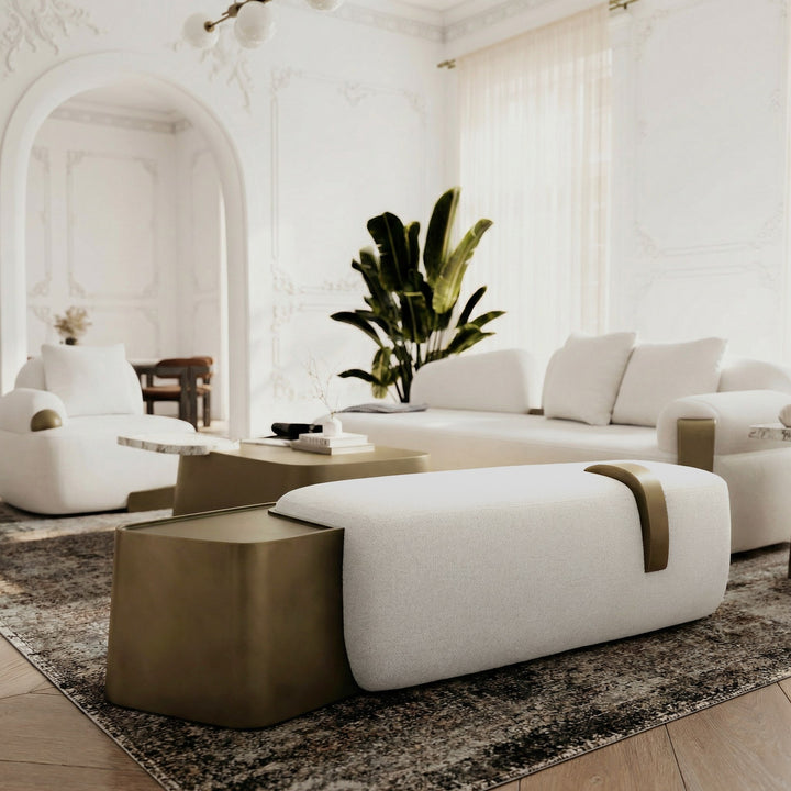 Rainier - Contemporary Off-White Fabric + Antique Brass Bench w/ Tray Table