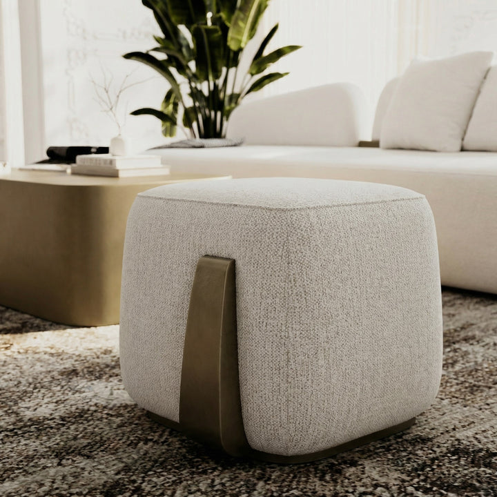 Rainier - Contemporary Off-White Fabric + Antique Brass Ottoman