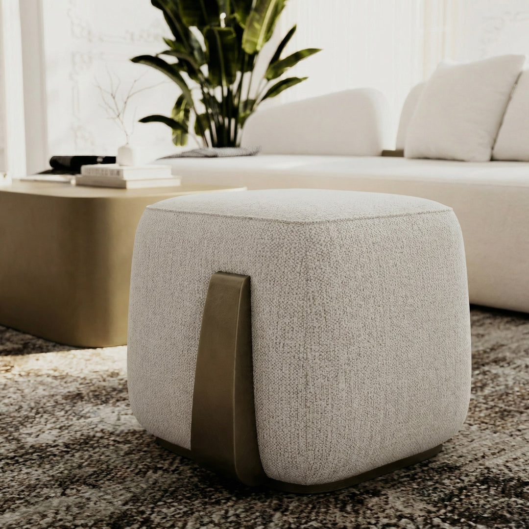 Rainier - Contemporary Off-White Fabric + Antique Brass Ottoman