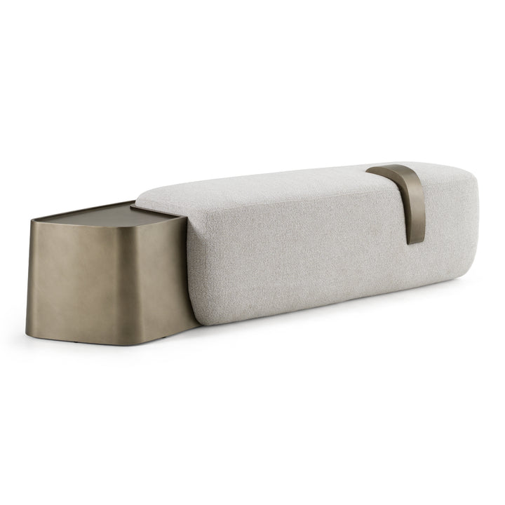 Rainier - Contemporary Off-White Fabric + Antique Brass Bench w/ Tray Table