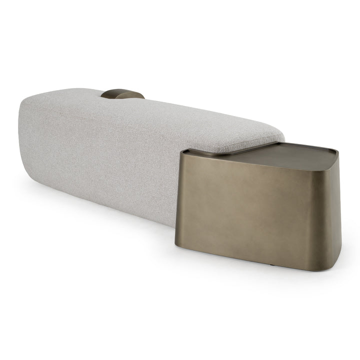 Rainier - Contemporary Off-White Fabric + Antique Brass Bench w/ Tray Table