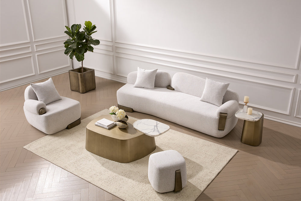 Rainier - Contemporary Off-White Fabric + Antique Brass Sofa - View 2
