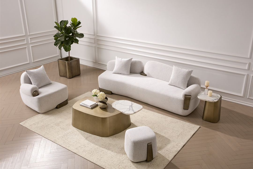 Rainier - Contemporary Off-White Fabric  Antique Brass Ottoman