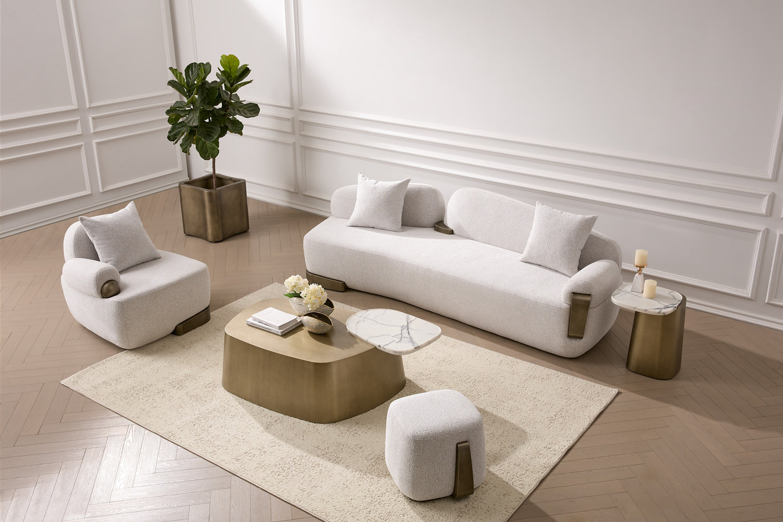 Rainier - Contemporary Off-White Fabric  Antique Brass Ottoman