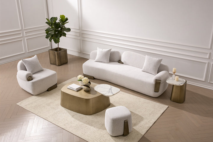 Rainier - Contemporary Off-White Fabric  Antique Brass Ottoman