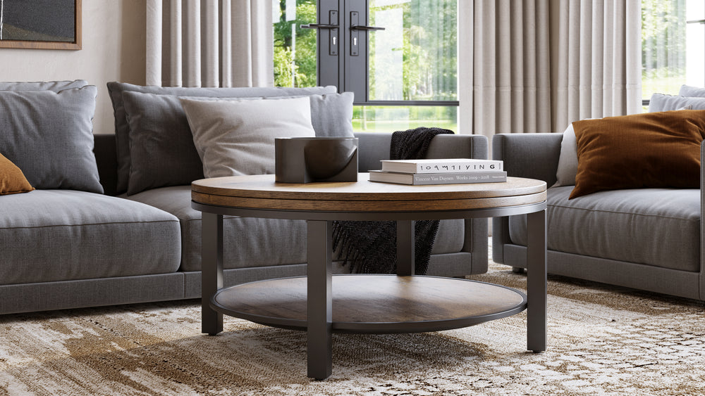 Modus Furniture Ae8721 Canyon Solid Wood And Metal Round Coffee Table In Washed Grey