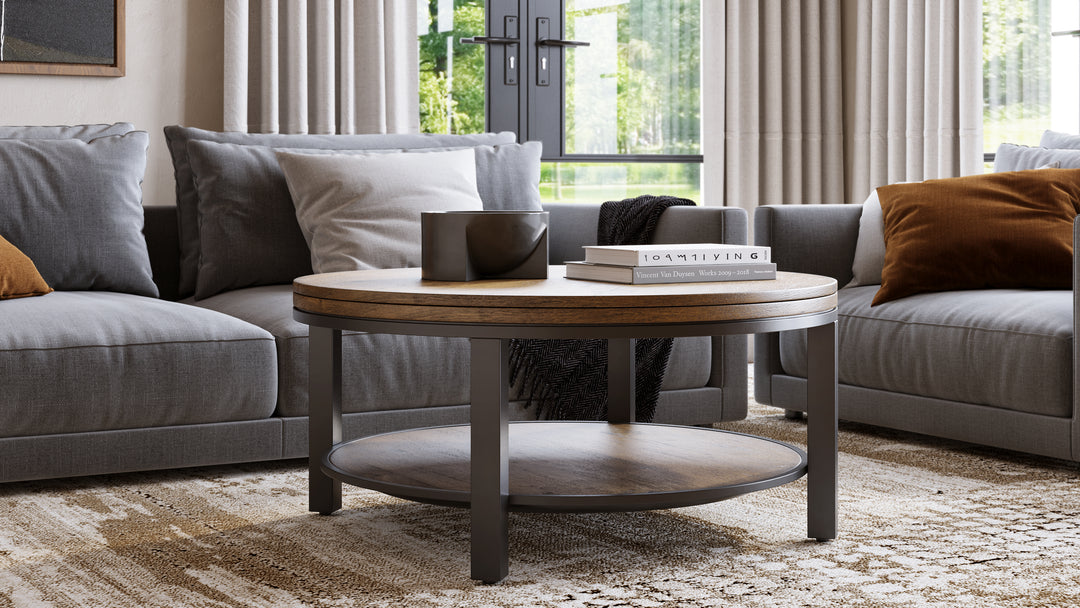 Modus Furniture Ae8721 Canyon Solid Wood And Metal Round Coffee Table In Washed Grey
