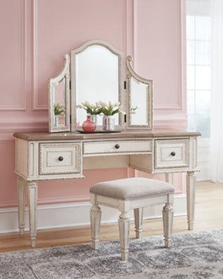 Realyn Vanity and Mirror with Stool - White Vanity Set modern furniture Contempo Furniture