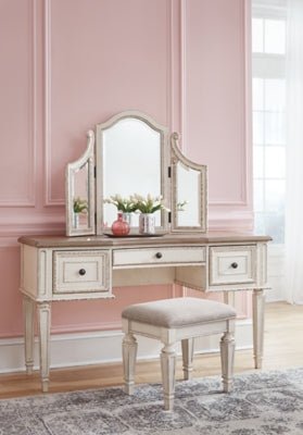 Realyn Vanity and Mirror with Stool - White Vanity Set modern furniture Contempo Furniture