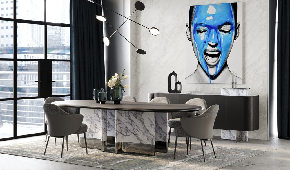 Renfew - Modern Black Oak + Faux Marble Oval Dining Table