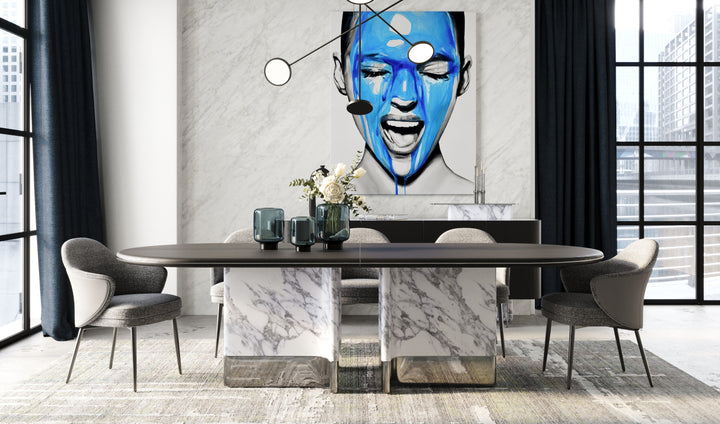 Renfew - Modern Black Oak + Faux Marble Oval Dining Table