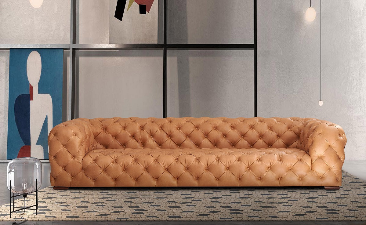 Dexter - Transitional Camel Full Italian Leather Tufted Sofa