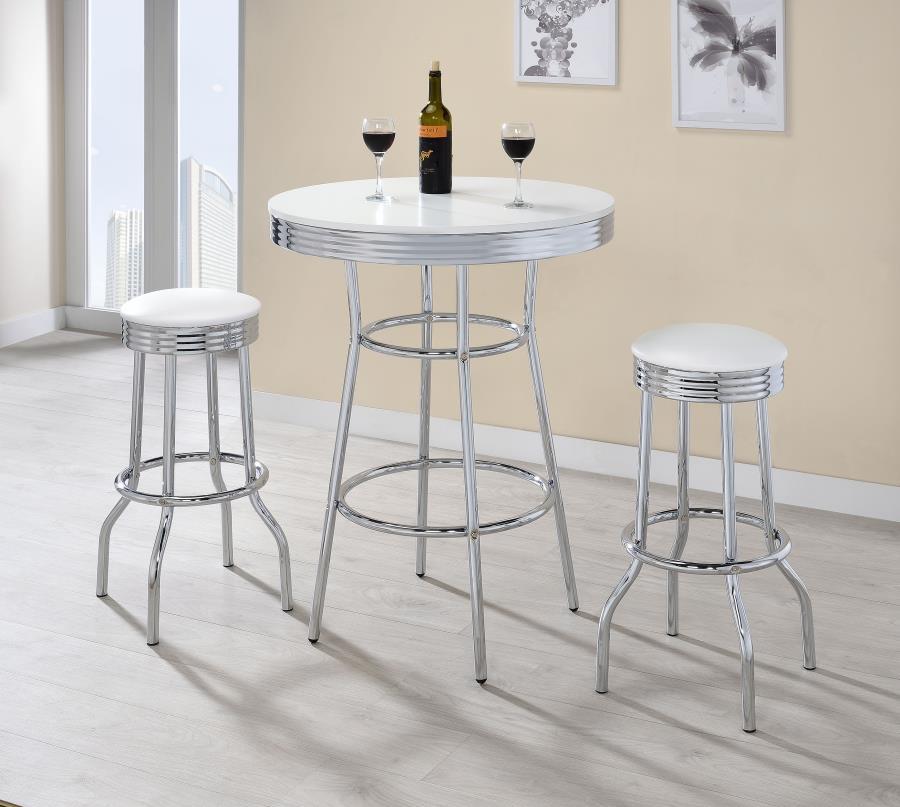 Retro - 3 Piece Round 1950s Bistro Pub Bar Table Set - White 3 - Piece Dining Room Set modern furniture Contempo Furniture