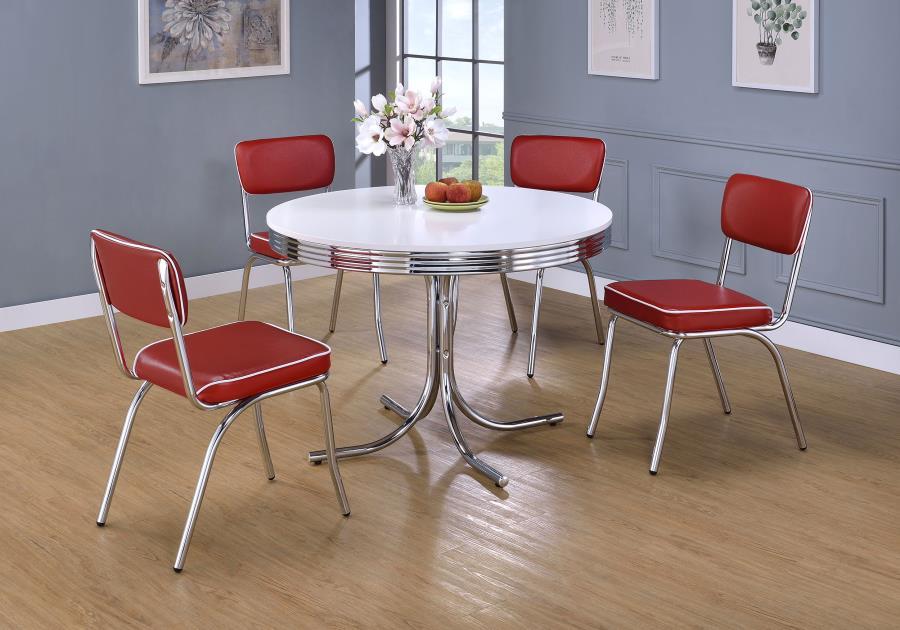 Retro - Round Wood Top Dining Table - White And Chrome Dining Table modern furniture Contempo Furniture