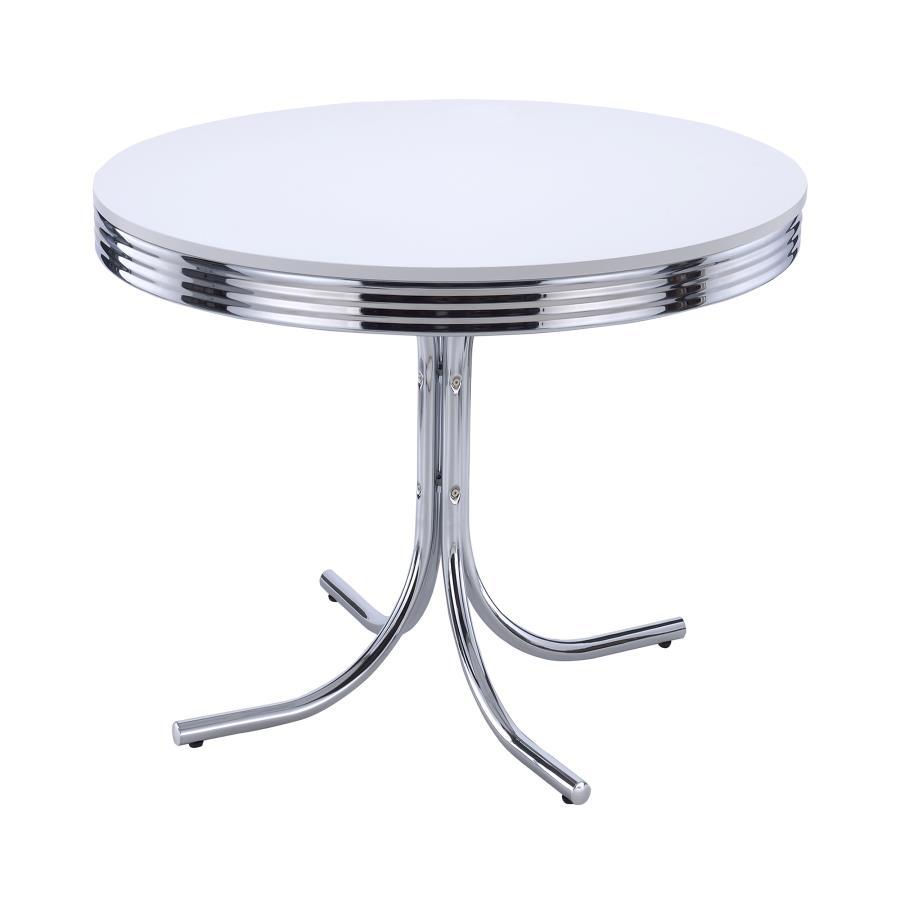 Retro - Round Wood Top Dining Table - White And Chrome Dining Table modern furniture Contempo Furniture