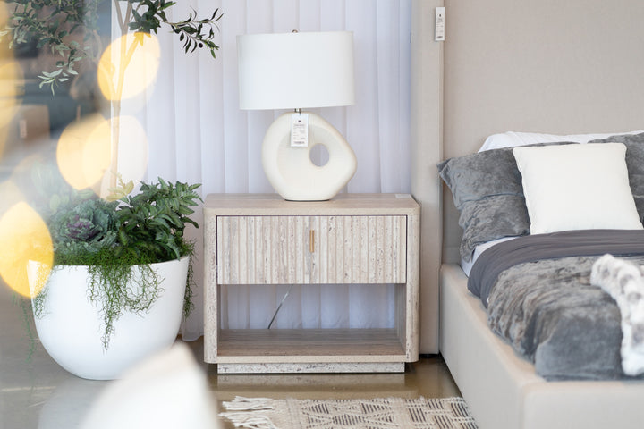 Roma  Modern Faux Travertine + Gold Nightstand