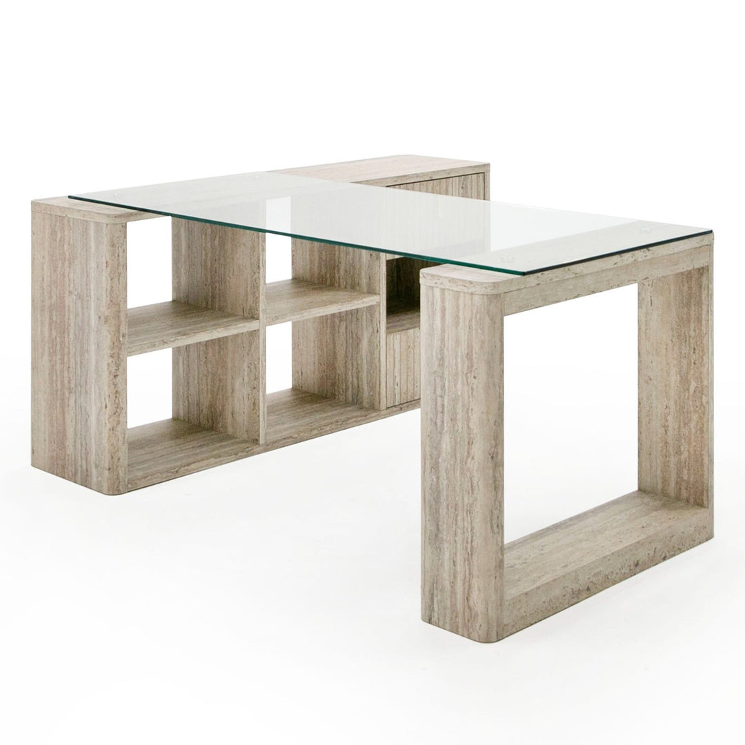 Roma  Modern Glass + Faux Travertine Reversible Desk