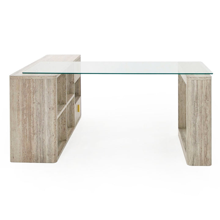 Roma  Modern Glass + Faux Travertine Reversible Desk