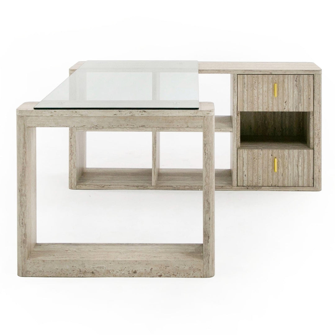 Roma  Modern Glass + Faux Travertine Reversible Desk