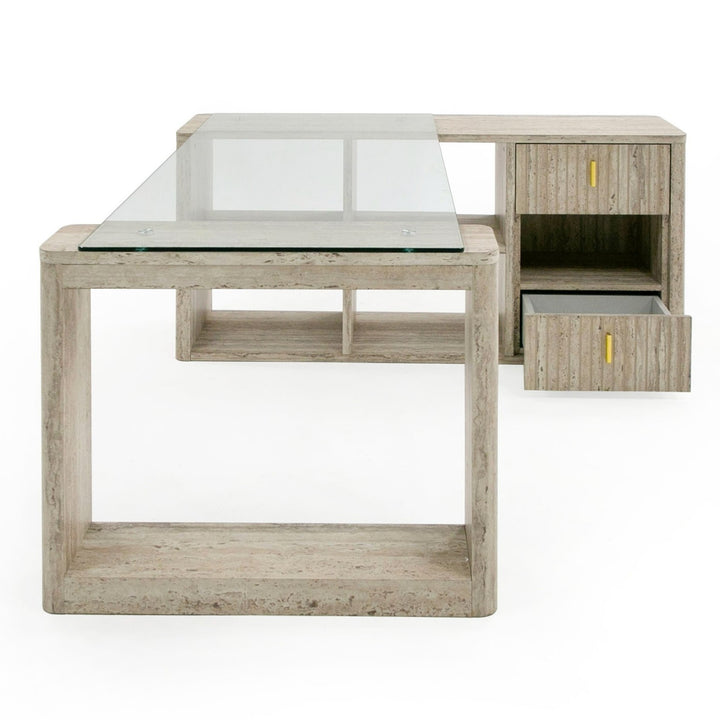 Roma  Modern Glass + Faux Travertine Reversible Desk