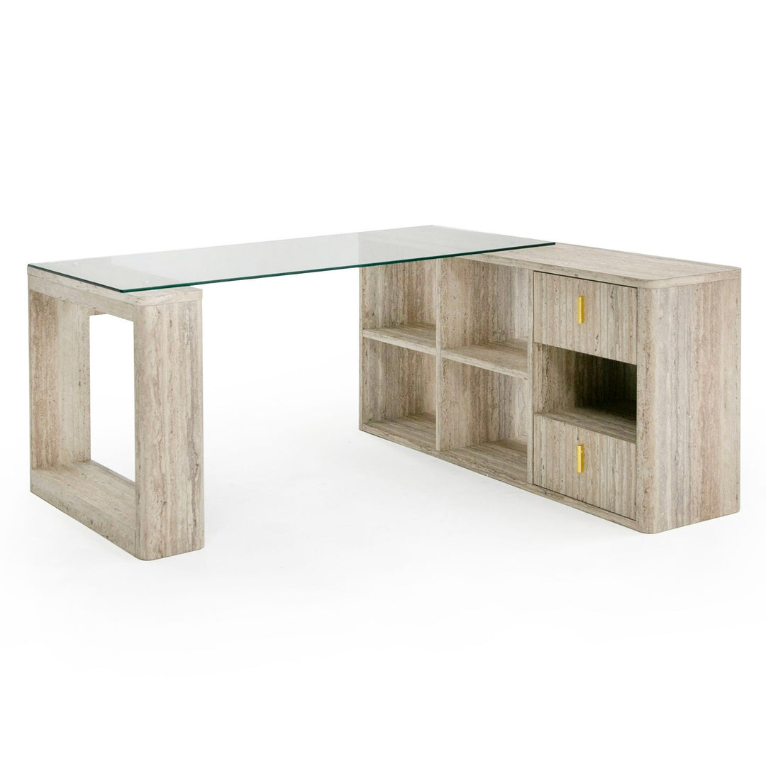 Roma  Modern Glass + Faux Travertine Reversible Desk