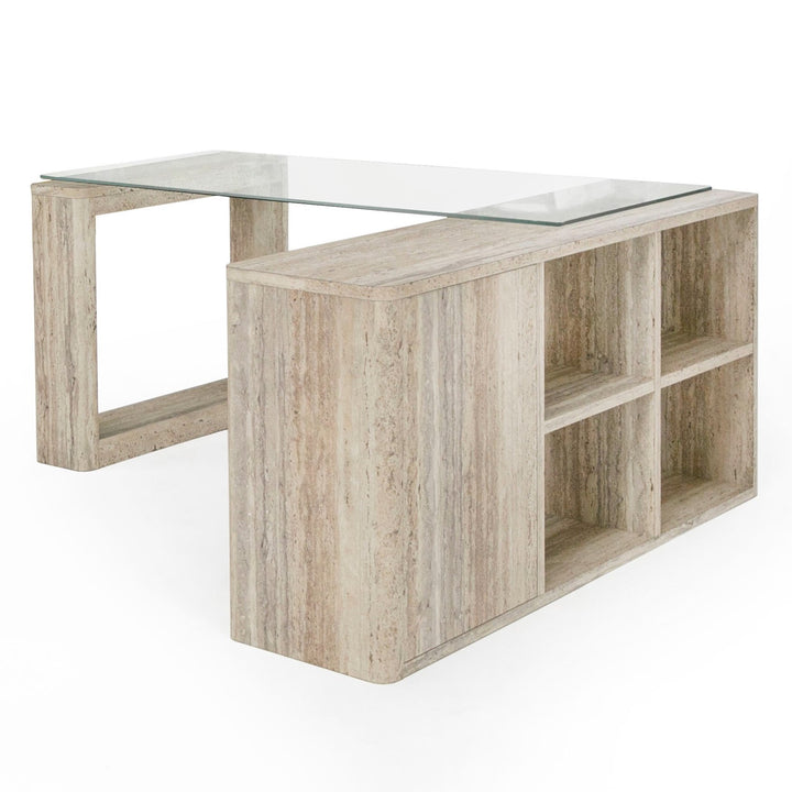 Roma  Modern Glass + Faux Travertine Reversible Desk