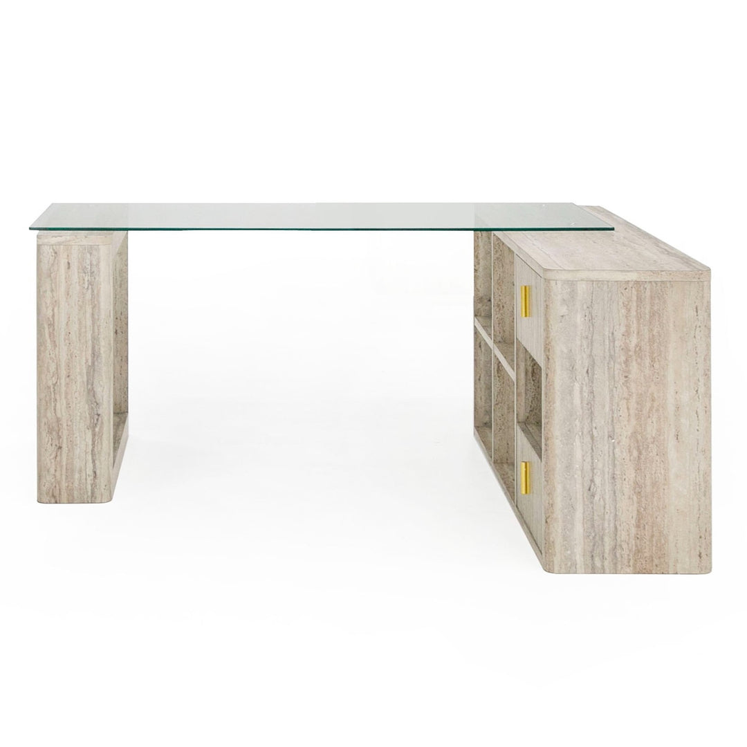 Roma  Modern Glass + Faux Travertine Reversible Desk