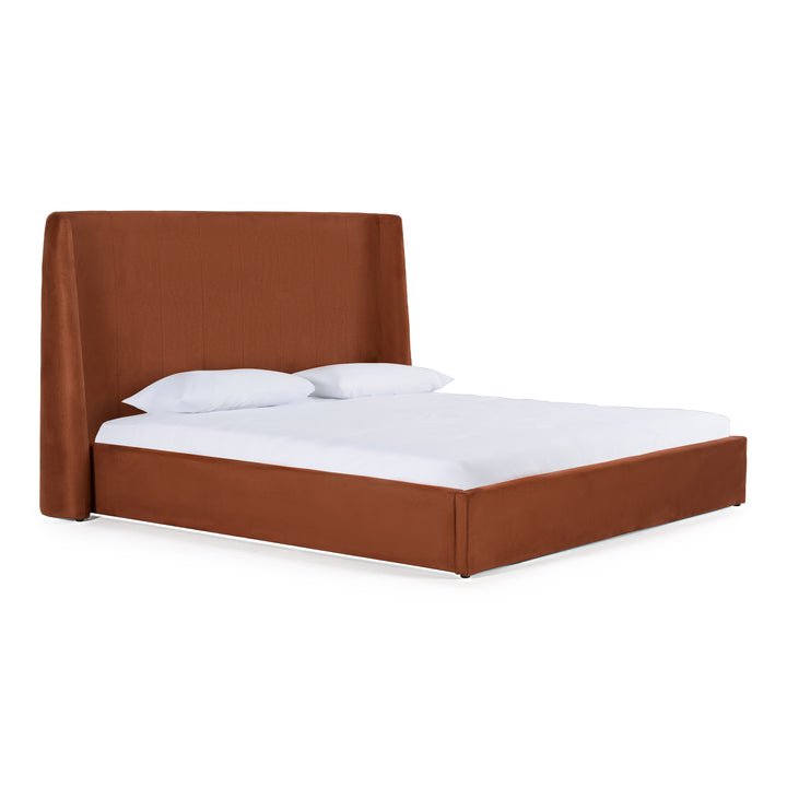 Roma + Lago - Modern Burnt Orange Velvet + Faux Travertine Bed + Nightstands Set