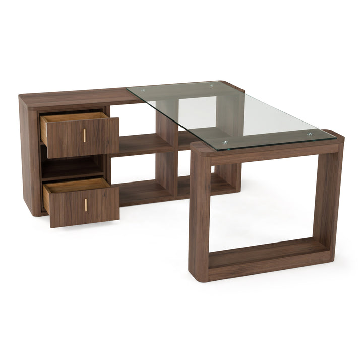 Roma - Modern Glass + Walnut Reversible Desk