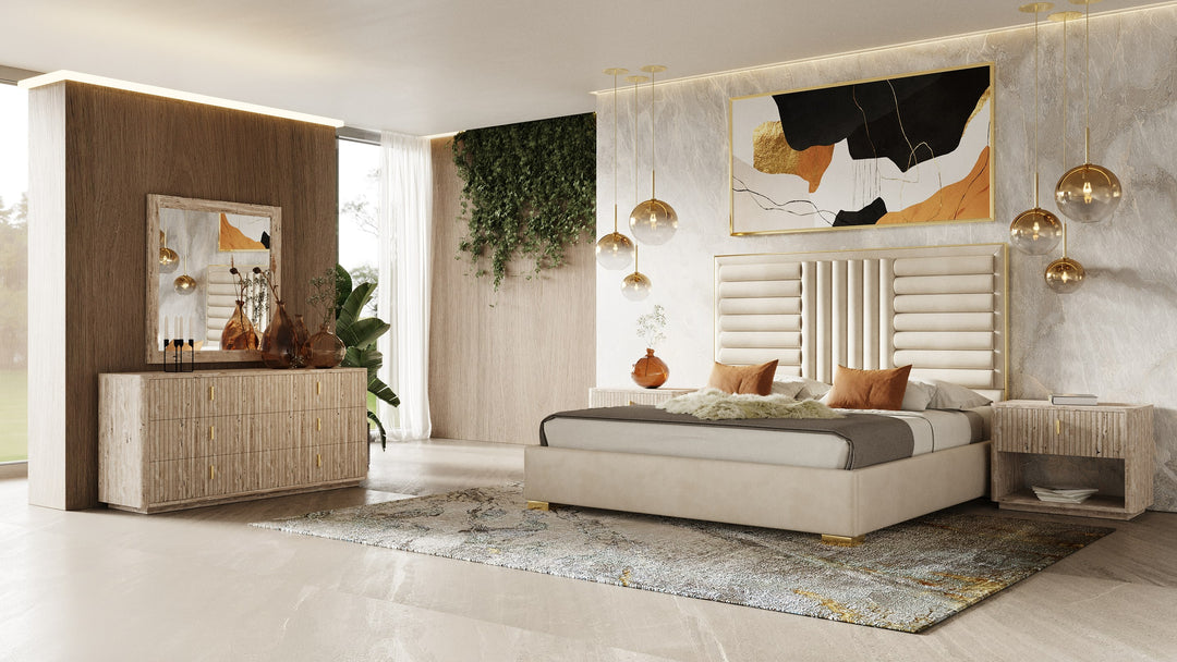 Roma - Modern Faux Travertine + Gold Nightstand