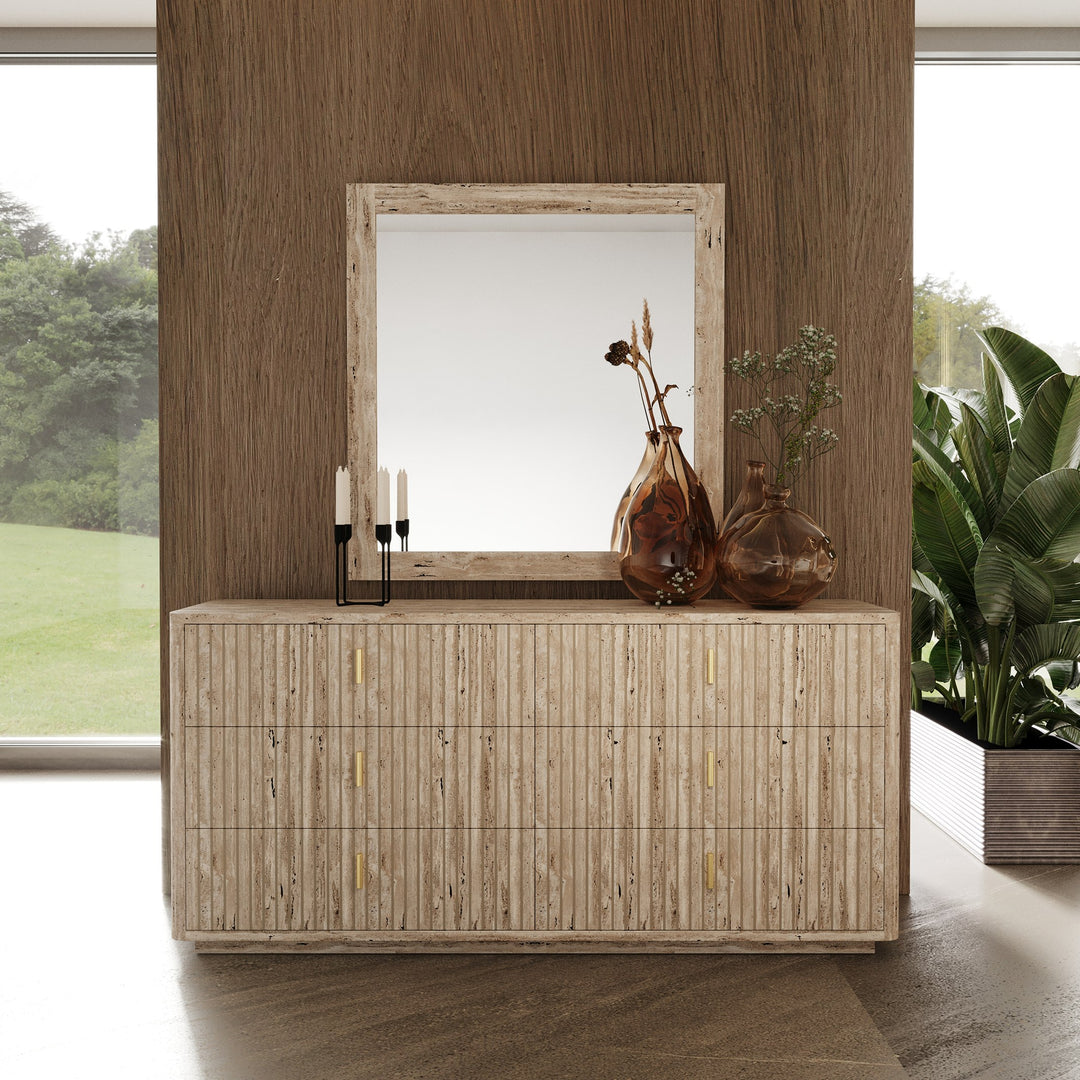 Roma - Modern Faux Travertine + Gold Mirror
