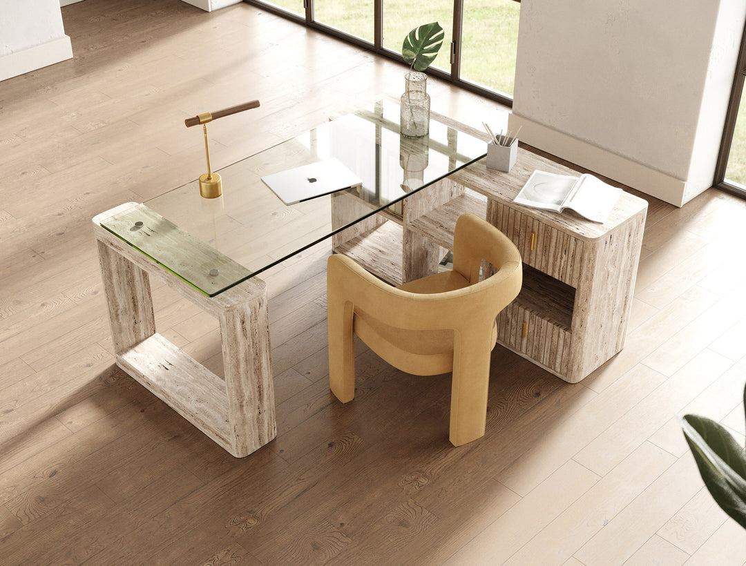 Roma  Modern Glass + Faux Travertine Reversible Desk