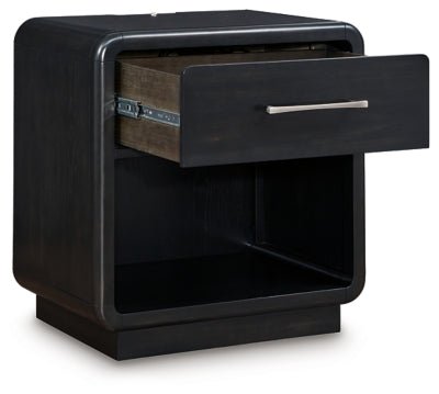 Rowanbeck Nightstand - Black Nightstand w/ Charging Station modern furniture Contempo Furniture