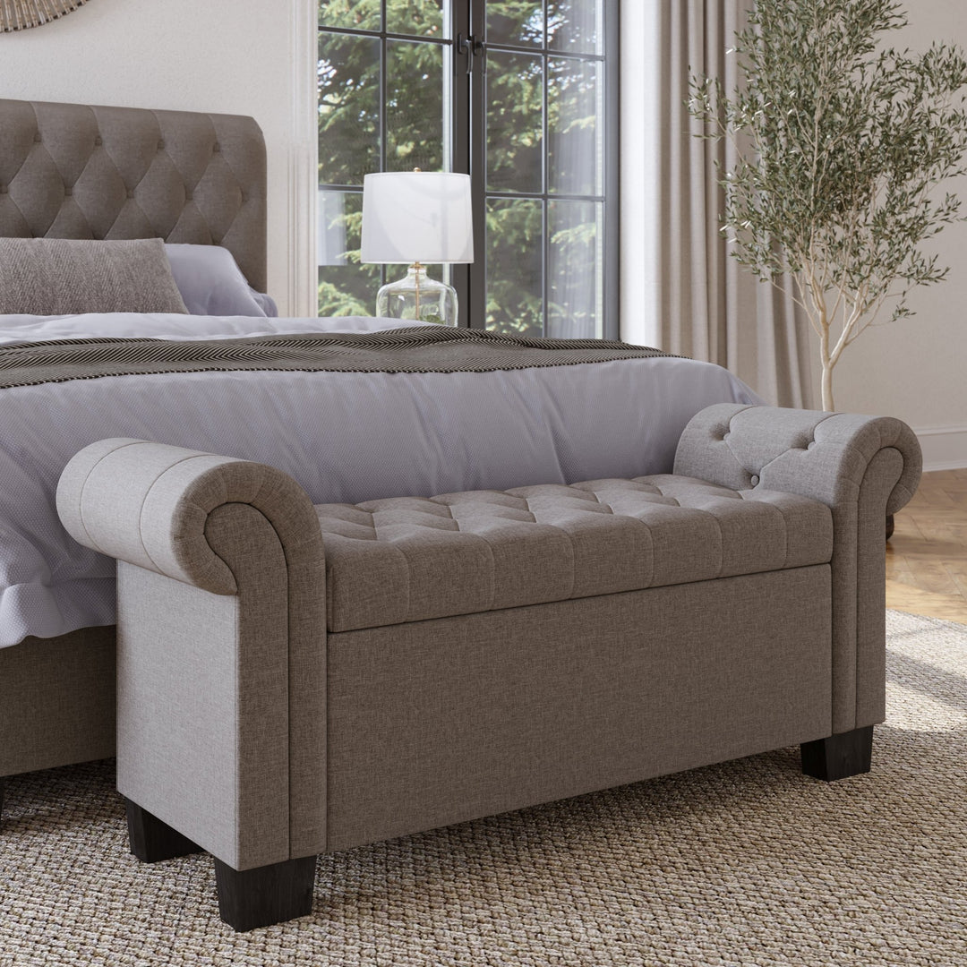 Royal Rolled Arm Storage Bench in Dolphin Linen Benches modern furniture Contempo Furniture