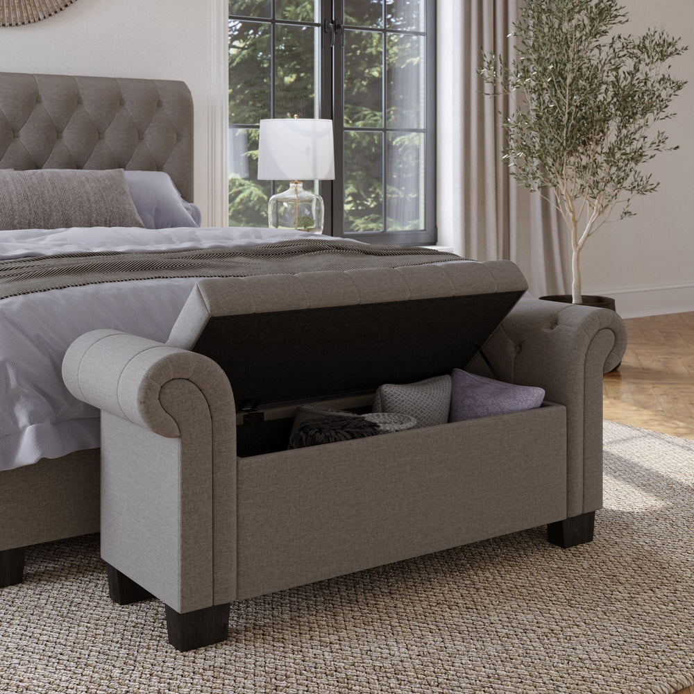 Royal Rolled Arm Storage Bench in Dolphin Linen Benches modern furniture Contempo Furniture