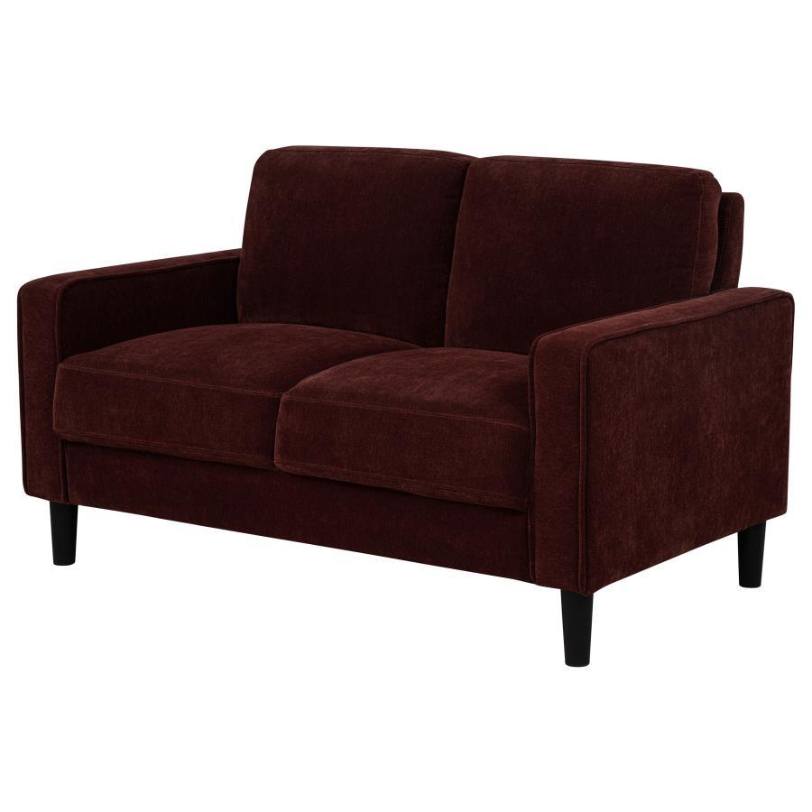 Ruth - Fabric Upholstered Track Arm Loveseat - Rust Red Stationary Loveseat modern furniture Contempo Furniture